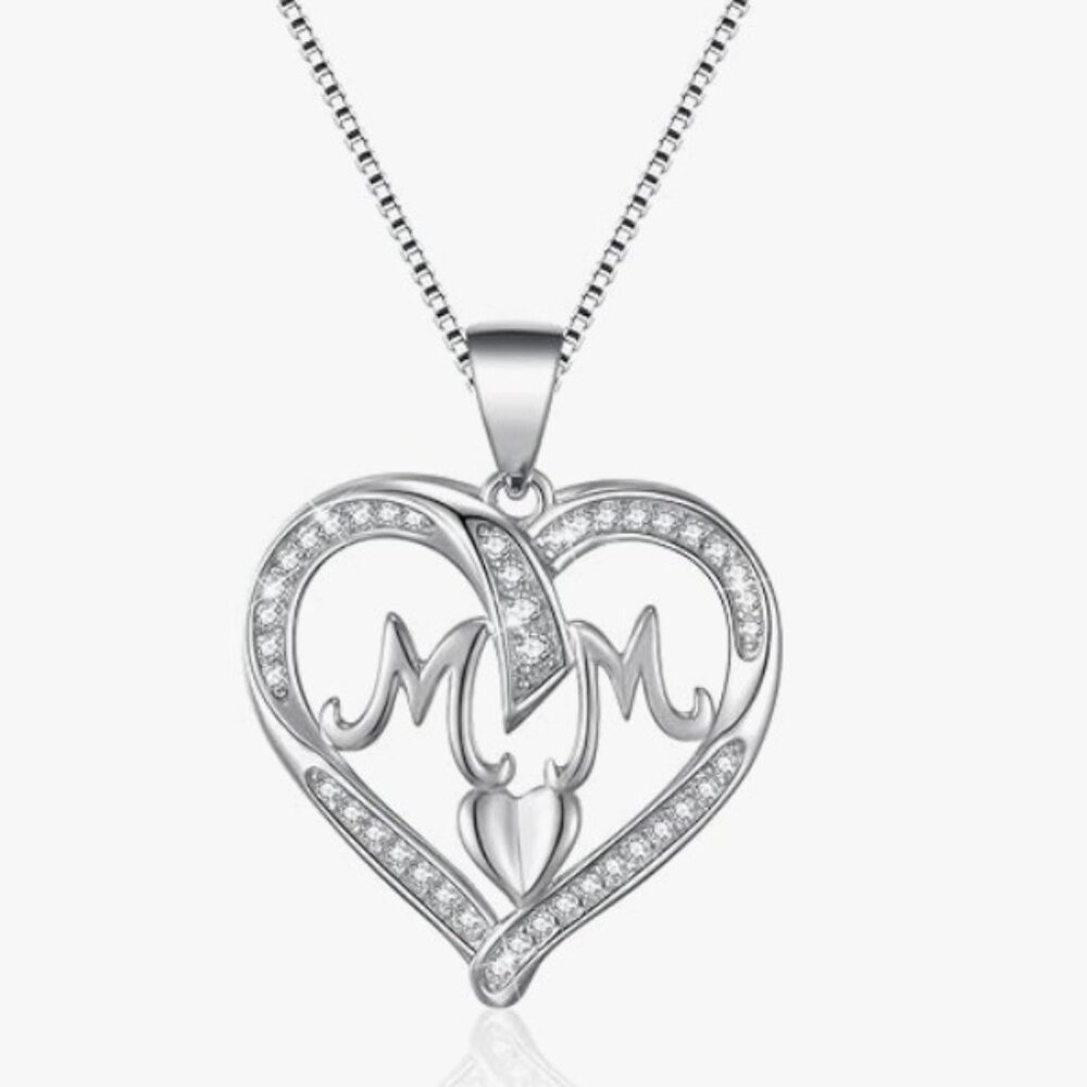Silver Mom Heart Necklace – Mother’s Day Gift Jewelry for Mom from‎ Daughter Son